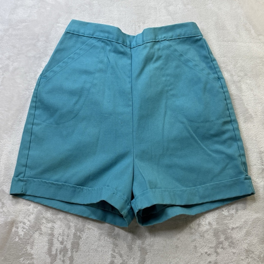 Vintage 70s Stoneswear Turquoise Cuffed Shorts Girls Size 14 Retro Mod